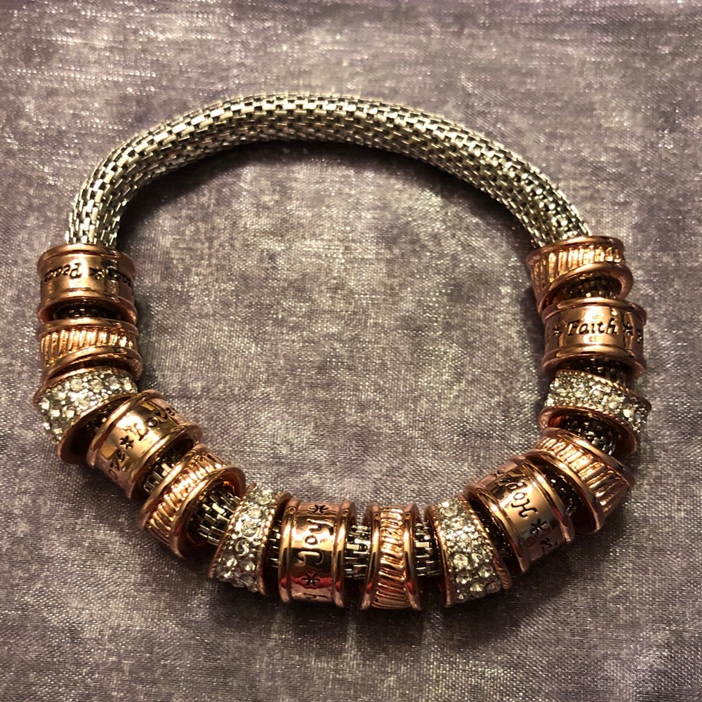 Rose Gold and Silver Bead Bracelet w Crystal Accents peace love faith hope & joy